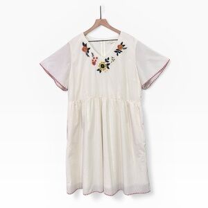 Roolee White Cotton Floral Embroidered Short Sleeve V-Neck Dress Lined Size XXL